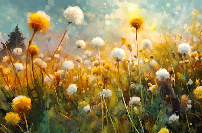 天气晴朗阳光照射在绿色的草地上的白色黄色蒲公英花簇特写背景插画,插画/手绘图,插画/手绘图库,插画/手绘图下载,插画/手绘